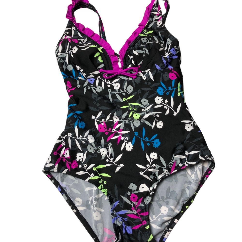 Calypso Cove Size 10 One Piece Swimsuit Black & Purple Floral Print Ruffle Top